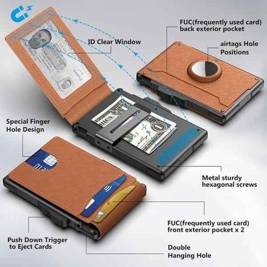✨AirTag Men's Wallet | Pop-Up Aluminum Money Clip, Slim RFID Blocking Leather Bifold Card Holder